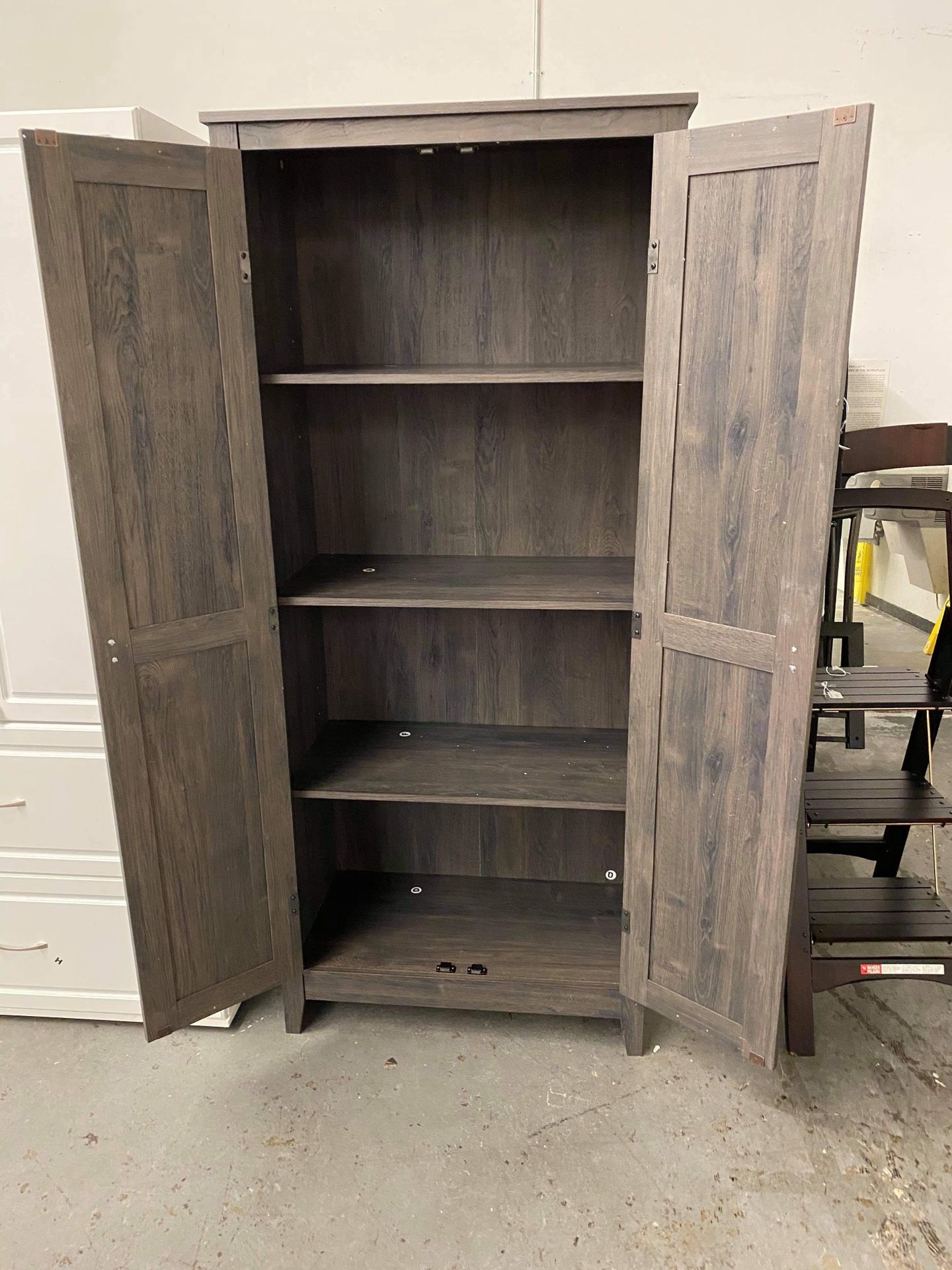 Scratch and Dent Gray Oak Farmhouse Style Tall Storage Cabinet with 2 Doors (little dent in the side) $119 AS-IS and Already Assembled TM*