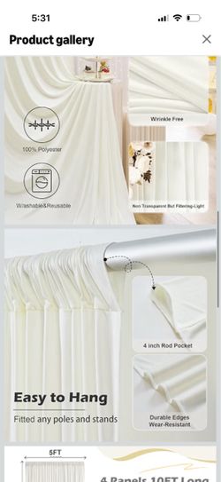 20ft x 10ft Wrinkle Free Ivory Backdrop Curtain for Parties, 4 Panels 5x10ft Silky Polyester Ivory Wedding Backdrop Drapes Photo Back Drop Cloth for B