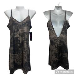 Folter Open Back Grommet Babydoll Tunic Mini Slip Dress M Metallic Gold Blk NWT