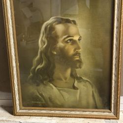 1941 Kriebel & Bates Litho Print Jesus Head Of Christ Warner Sallman 16x13 Frame