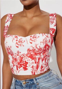 White and Red Floral Corset Crop Top