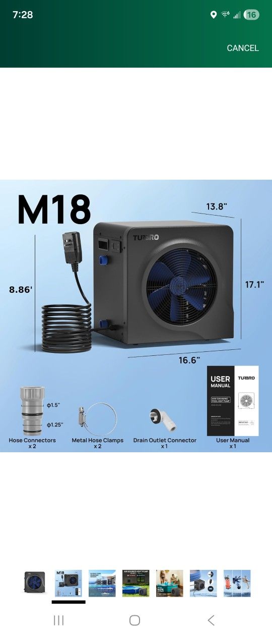 Brand New TURBRO 18,000 BTU Swimming Pool Heat Pump