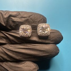 Square Crescent Moissanite //Screw Back//Earrings 14K White Gold Plated