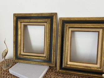 Vintage Lot 2 Solid Wood Wall Frames Italian Florentine Gold Gilt Black Neoclassical Fine Art Mid Century Retro French Style Wall Hanging Ornate Whism
