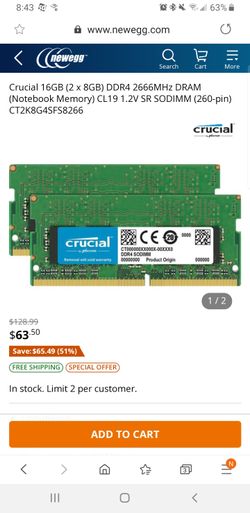 16gb (2x 8gb) Crucial DDR4 laptop memory RAM