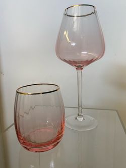 Blush Pink & Gold Rim Wine Glasses + Stemless Water Glasses | Elegant Event Glassware