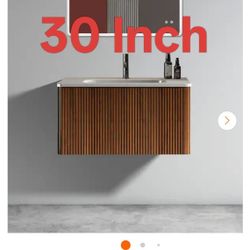 30 in. Single Sink Floating Walnut Bath Vanity with White Ceramic Top (Assembled), U Shape Wall Fitting