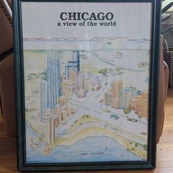 Eileen Condon's 1983 illustrated poster of Chicago with a global view.