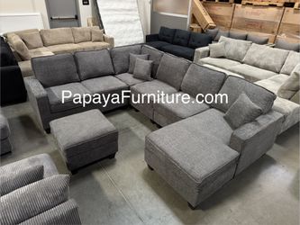 New 113” Slate Grey Sectional, Chenille Gray Sectional Sofa And Ottoman With USB Ports, Reversible Sectional Sofa Couch, Plush Sofa, Sectionals, Sofas