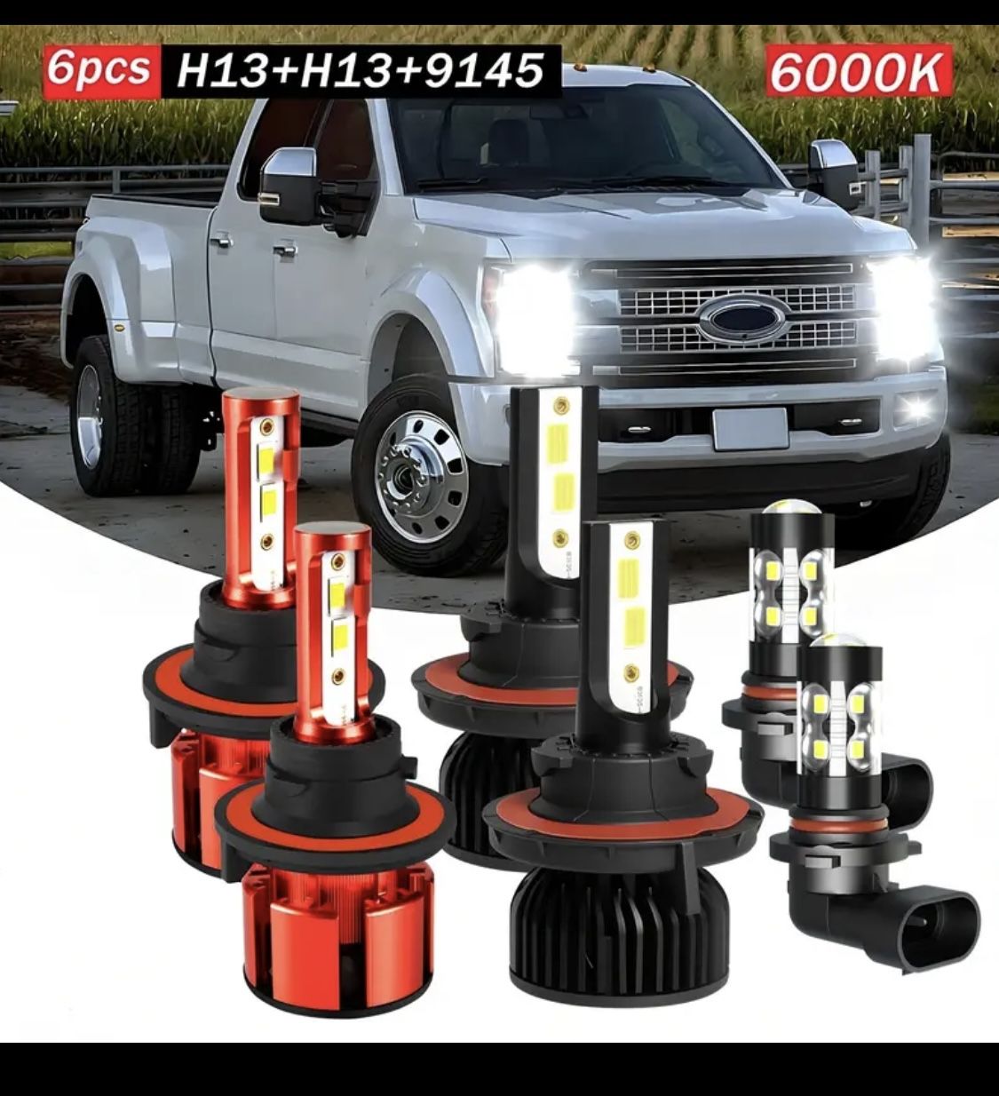 6pcs, FIT For Ford F250 350 450 550 Super Duty 2005-2018, H13 High beam+H13 Low beam+9145/ 9006 Fog lamp bulbs, LED headlight bulbs, super strong 6000