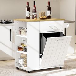 Kitchen Island with Trash Can Storage, Portable Kitchen Island on Wheels with Towel Rack & Spice Rack, Tilt Out Trash Can Cabinet with Drawer, Mobile 
