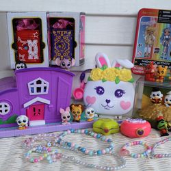 Little Girl Play Toy Collection Set - Polly Pockets, Doorables, Jewelry, Rainbow High Magnetic Tin, Etc.