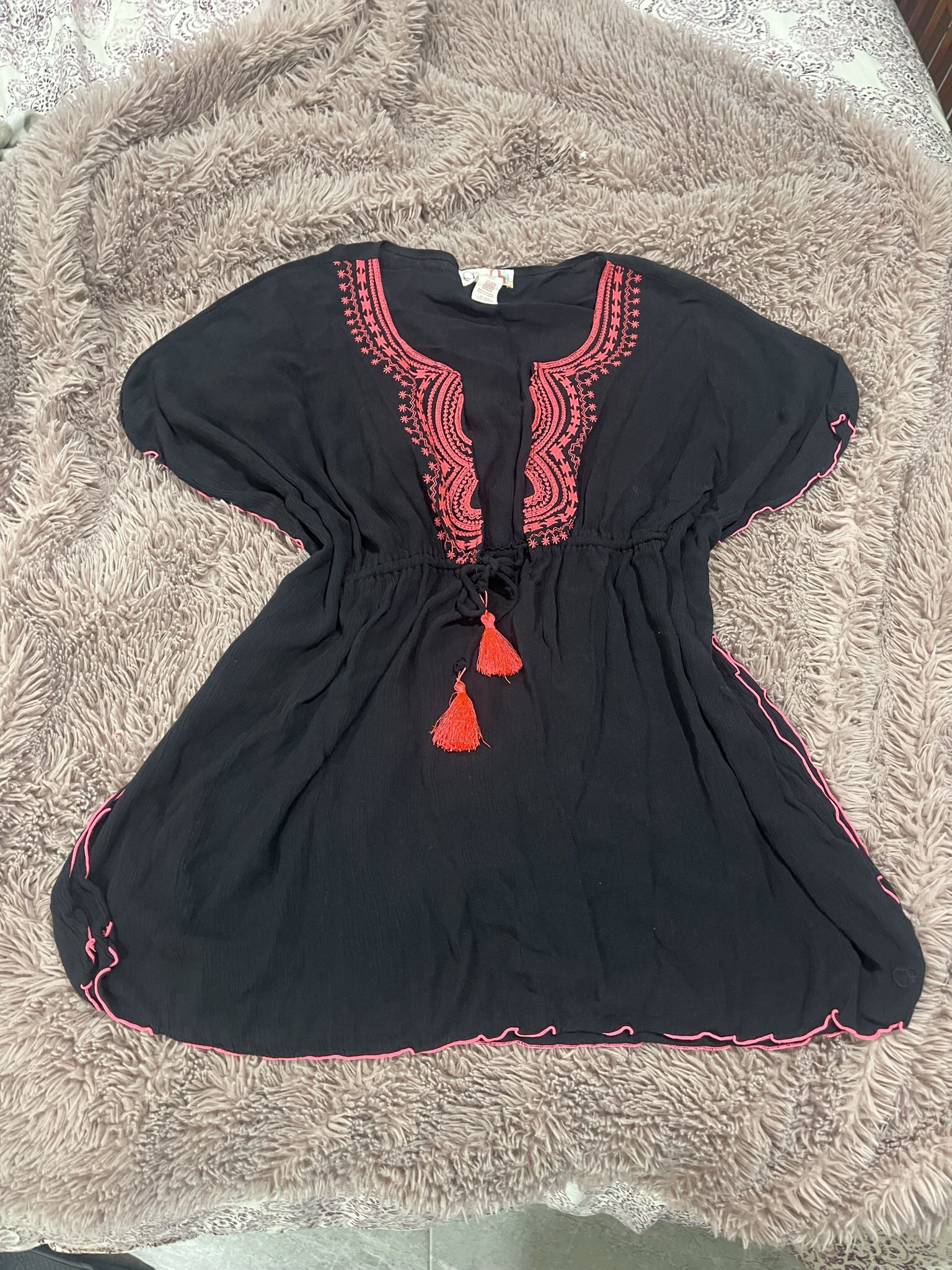 OP Women Black with Hot Pink Embroidery Details Swim Cover Up 