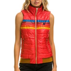 Aviator Nation Size Medium Women 5 Stripe Puffer Vest Glossy Cherry Used