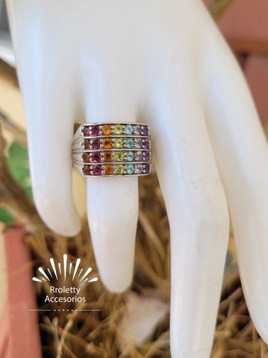 Sterling Silver 925 Ring With Seven Crystals