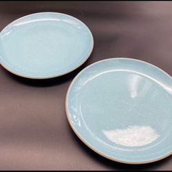 2- Vintage Harkerware Stoneware Ovenproof Blue Speckled Dinner Plates