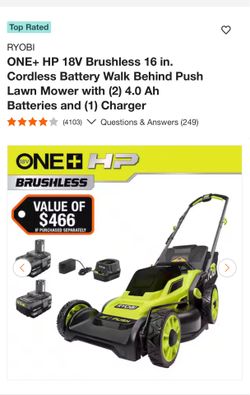 RYOBI ONE+ HP 18V Brushless 16 in. Cordless Battery Walk Behind Push Lawn Mower with (2) 4.0 Ah Batteries and (1) Charger