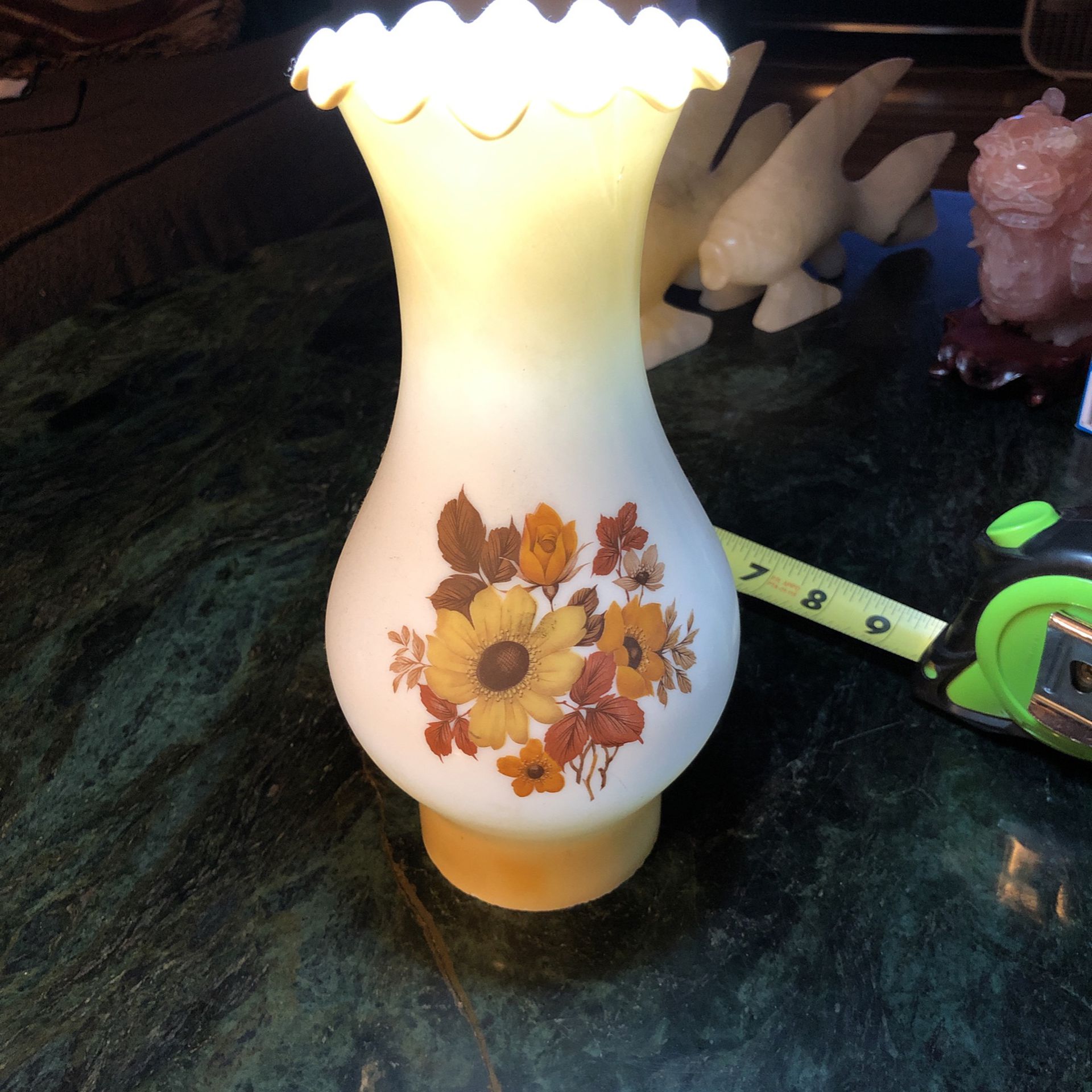 Vintage American Oil Lamp Shade Milk Glass Floral 9” 