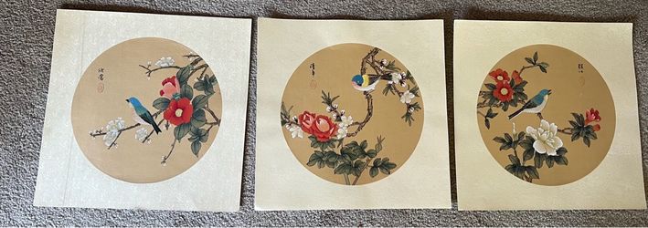 Vintage Hand-Painted Chinese Silk Paintings - Set of 3 (11.5”x11.5”)