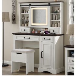 Makeup Vanity Desk with Sliding Mirror, Large Vanity Set with 3 Brightness Lights