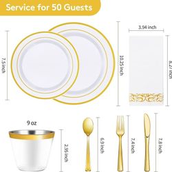 350 Piece Gold Dinnerware Set for 50 Guests, Plastic Plates Disposable for Party, Include: 50 Gold Rim Dinner Plates, 50 Dessert Plates, 50 Paper Napk