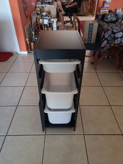 Black wood storage with 3 totes