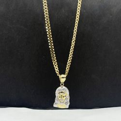 14k solid gold cubana chain and cristo face , necklance gold pendant