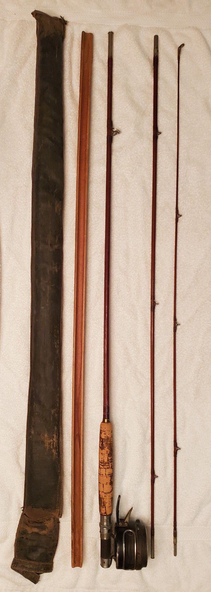 2 Vintage Perrine Fishing Reels No 80 & No 50, 9ft Bamboo Rod, 8ft Bamboo Rod