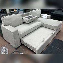 86.5"W Beige Fabric Reversible Sleeper Sectional with Storage Chaise Drop-Down Table 2 Cup Holders and 2USB Ports