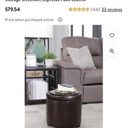 2 Leather Round Storage Ottoman footstool Tray Lid EUC LN espresso