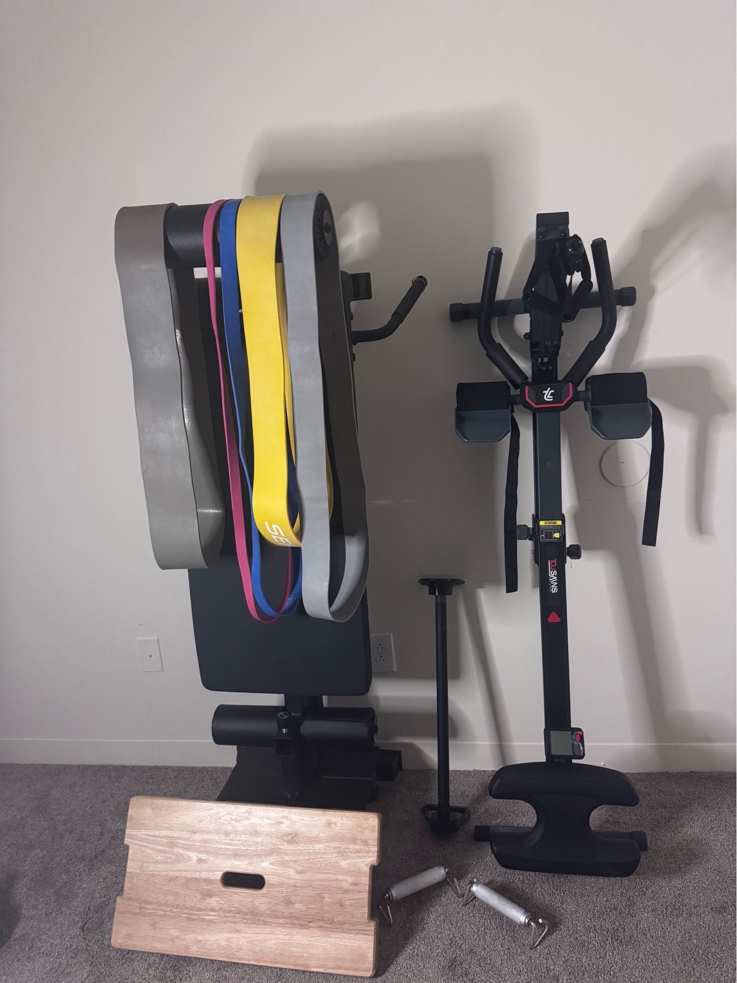 Tib Tib Bar Guy Nordic Bench, Rowing Machine/Ab Coaster, Resistance Bands Gym