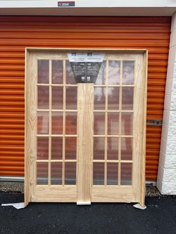 JELD-WEN 15 Lite Wood 60-in x 80-in Unfinished Pine Wood 15-lite Clear Glass Prehung Interior French Double Door (Har...
