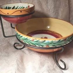 Vtg. Gail Pittman Siena, Chip & Dip W/Metal Stand, Tuscan Colors Yellow/Red USA