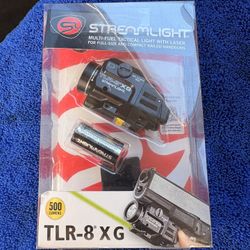 Brand new Streamlight TLR-8 XG tactical light with laser. 500 lumens, 5000 candela, and 1.5 hours runtime. Uses CR123A lithium battery or optional Str