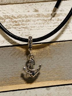 21 inch black leather sterling silver clasp with sterling silver Anchor pendant necklace
