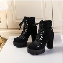 Susanny Sexy High Heels for Women Boots Round Toe Platform Booties Lace Up Suede