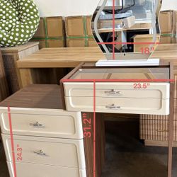 Makeup Vanity Table with LED Mirror & 5 Drawers - Modern Dressing Table with Stool for Bedroom, Brown+white