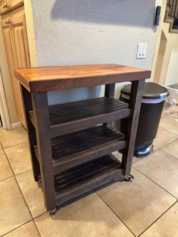 Solid Wood Kitchen Island Cart on Wheels | Butcher Block Top | Storage Shelves