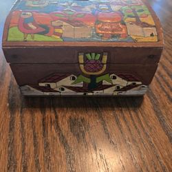 Vintage Hand Painted Carved Wooden Trinket Box