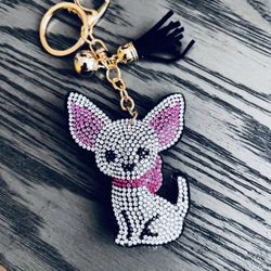 🐾 New! White & Pink Crystal Rhinestones Chihuahua Dog Keychain Purse Charm w Tassel