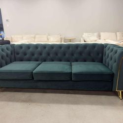 Mid-Century Modern Green Velvet Tuxedo Sofa, 3-Seater Tufted Couch with Gold Metal Legs and Diamond Stitching for Living Room, Reception - Panipeachy