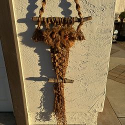 Vintage Large 1970s 45” X 16” Macrame Owl & Driftwood Wall Hanging Boho Decor
