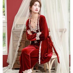 Velvet Lace Trim 4PCS Pajamas Set Sexy Autumn Winter Sleepwear &  Women Nightgown Home Wear