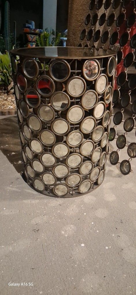 Vintage Round Mirror Drum Side Table 