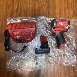 (1) Milwaukee M12 Brushless Fuel (stubby)3/8” Impact Wrench (2554-20) (1)4.0 Ah Battery (1) M12 Charger