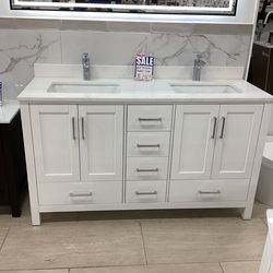 60” bathroom vanity cabinet new solid wood Quartz top double sinks Softclose drawers ready for pick up today