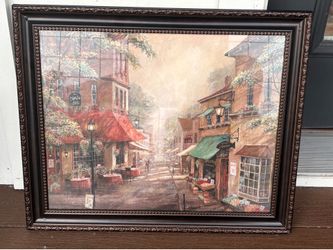 Large Framed European Café Street Scene Wall Art – Excellent Condition
