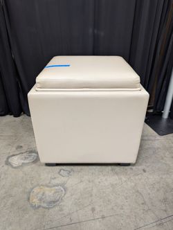 Beige Faux Leather Square Ottoman with Storage Tray