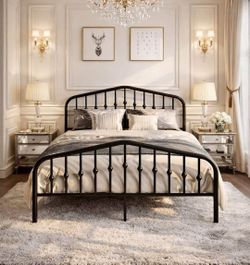 Queen Size Metal Platform Bed Frame/Vintage Iron-Art Headboard and Footboard/Mattress Foundation for Storage/No Box Spring Needed/Noise-Free/Easy Asse