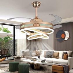 42" Invisible Ceiling Fan Chandelier Light,Modern DIY Ceiling Fan Light Remote Control 4 Retractable ABS Blades for Bedroom Living Dining Room Decorat